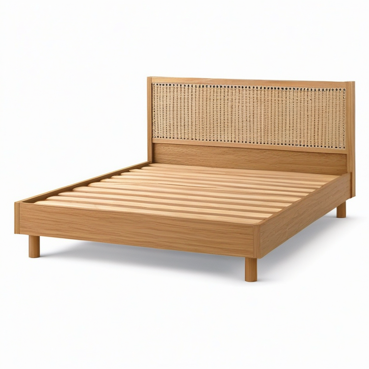 Holzbett mit Rattangeflecht und Lattenrost, Naturbraun/Beige, 215 × 168 × 110 cm, Liegefläche 160 × 200 cm