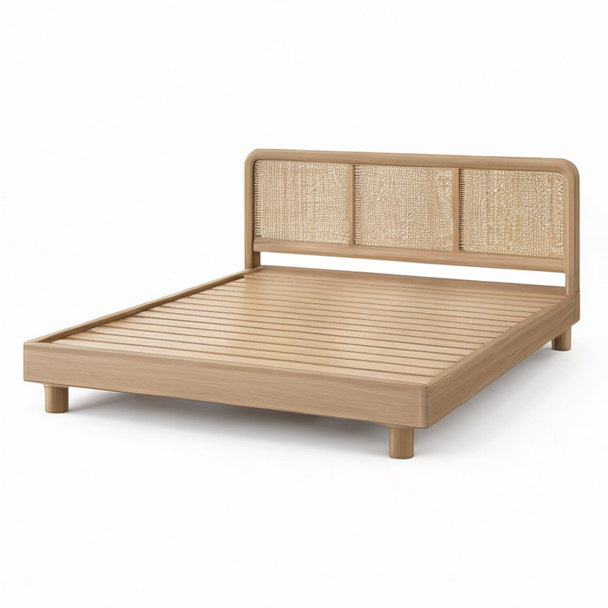 Holzbett in Naturbeige mit Rattangeflecht-Kopfteil und Lattenrost, Liegefläche 160 × 200 cm, Gesamtmaß 208 × 168 × 100 cm