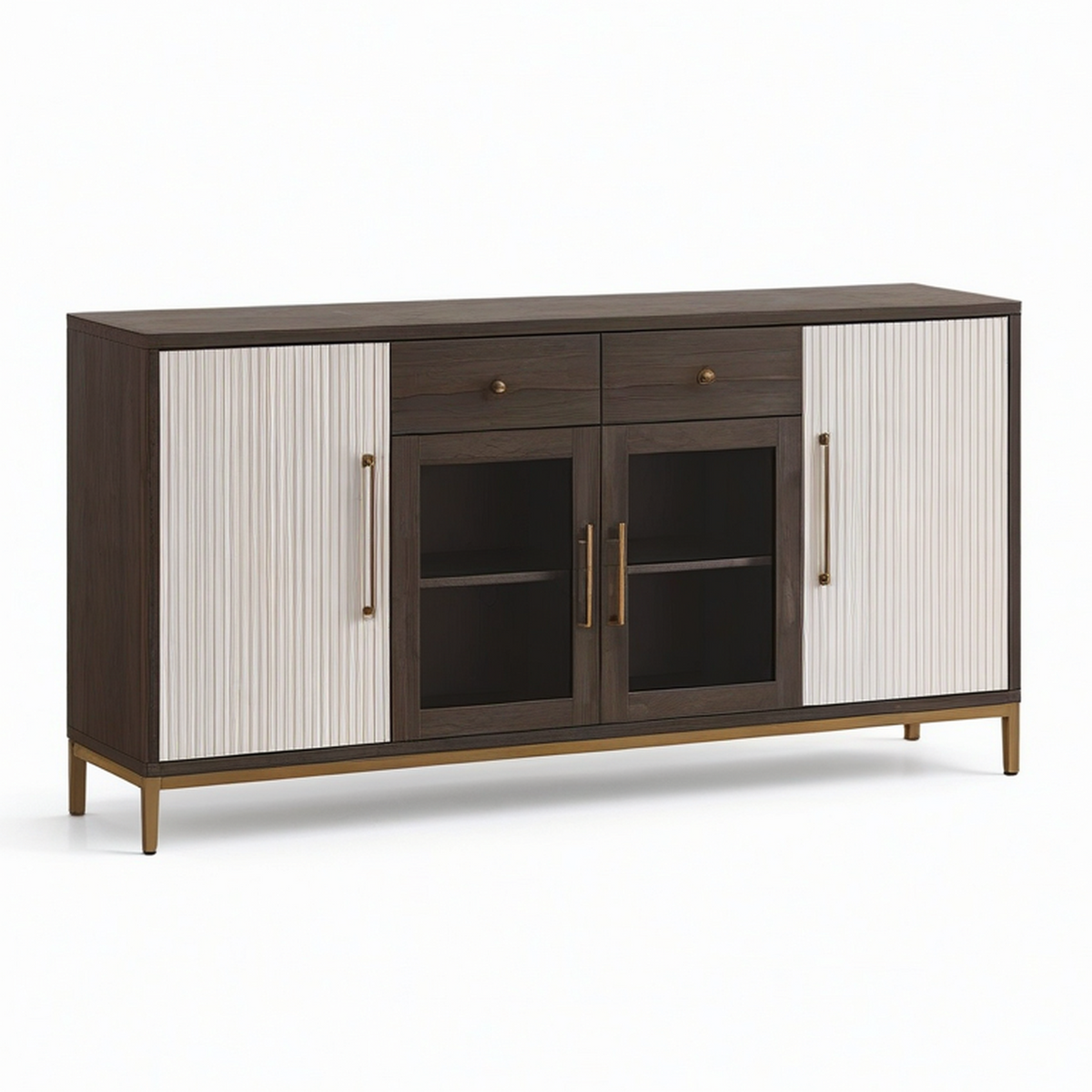 Modernes Sideboard mit 4 Türen und 2 Schubladen, 180 × 40 × 90 cm, Dunkelbraun, Weiß, Gold und Schwarz