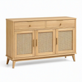 Sideboard Natur und Gold, 140 × 40 × 90 cm, mit 2 Schubladen, 3 Flechttüren und Metallgriffen