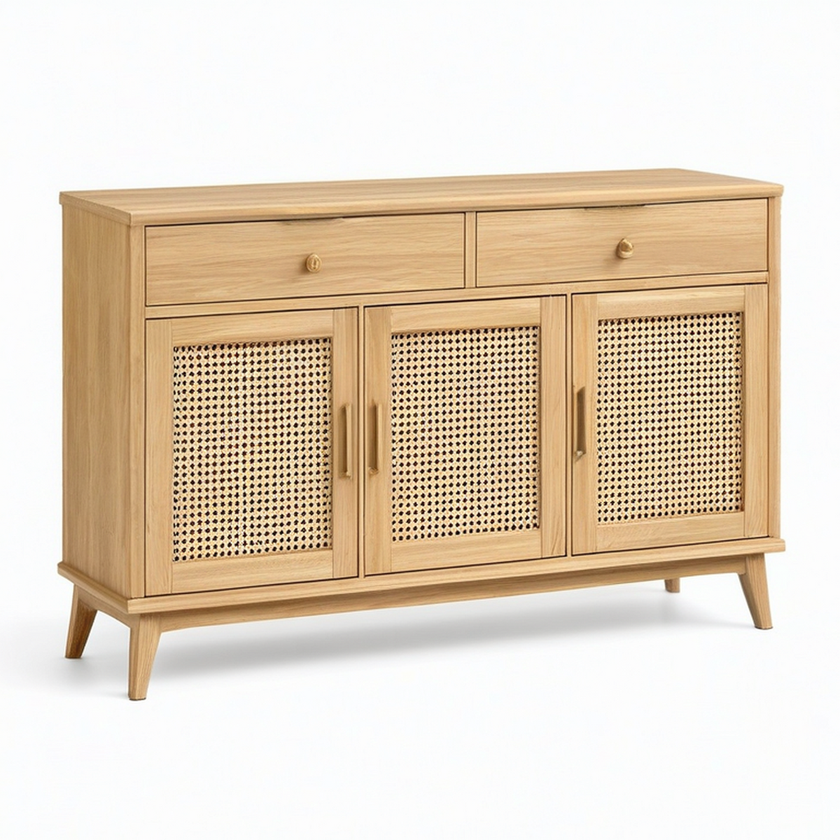 Sideboard Natur und Gold, 140 × 40 × 90 cm, mit 2 Schubladen, 3 Flechttüren und Metallgriffen