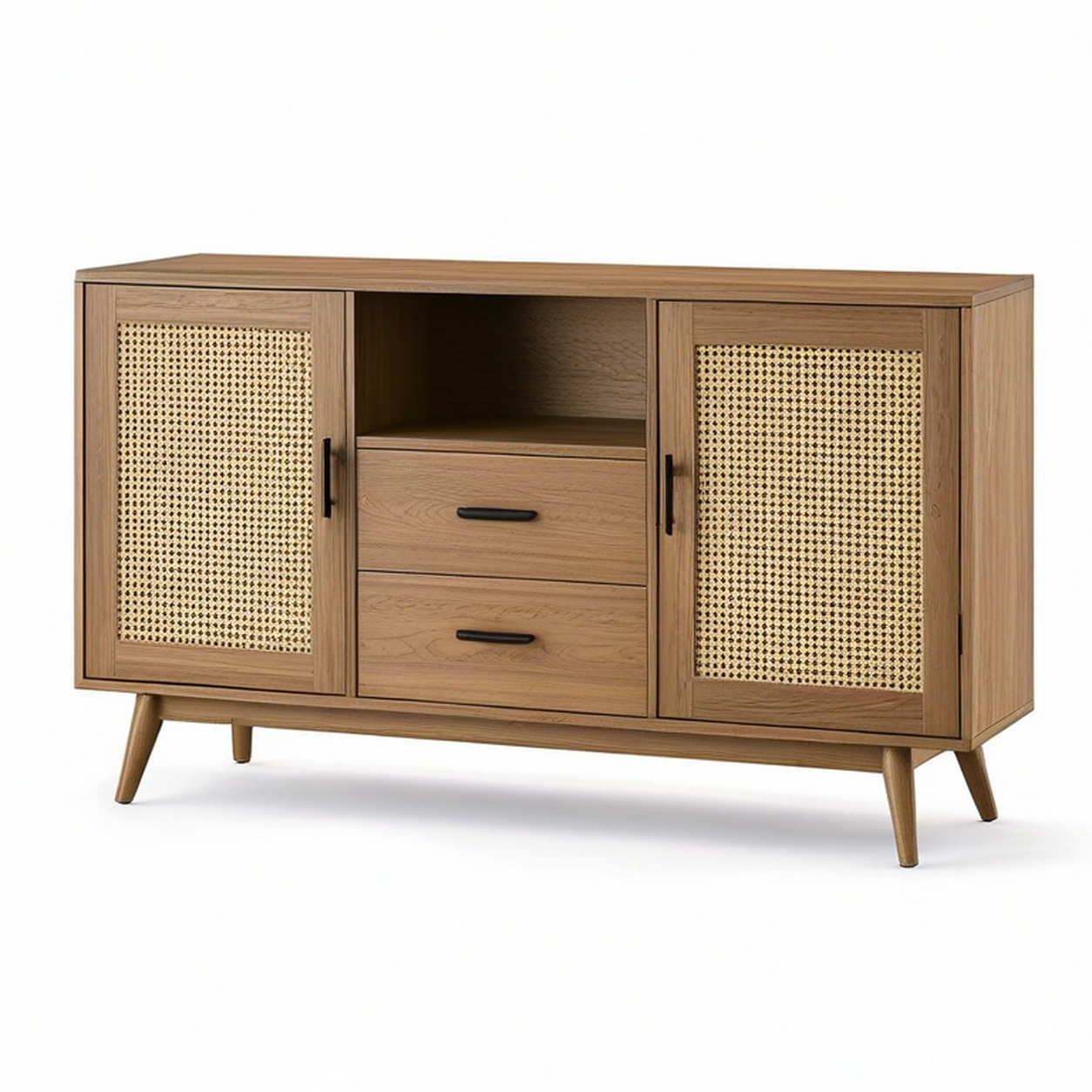 Sideboard mit Wiener Geflecht, 2 Türen, 2 Schubladen und offenem Fach, 140 × 40 × 80 cm, Braun/Natur/Schwarz