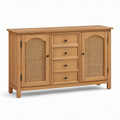 Sideboard aus Holz mit Rattangeflecht, Naturbraun und Schwarz, 140 × 40 × 90 cm, 4 Schubladen und 2 Türen