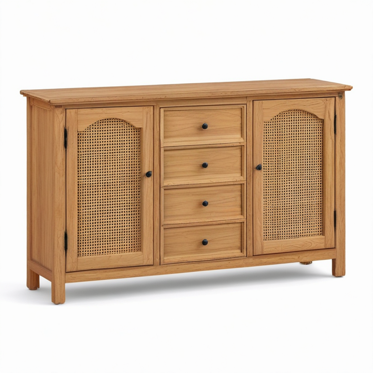 Sideboard aus Holz mit Rattangeflecht, Naturbraun und Schwarz, 140 × 40 × 90 cm, 4 Schubladen und 2 Türen