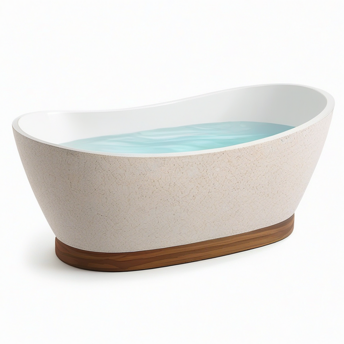 Freistehende Badewanne aus Verbundwerkstoff, 170 × 80 × 70 cm, Beige, Weiß und Braun, organische Form mit Stein- und Holzoptik