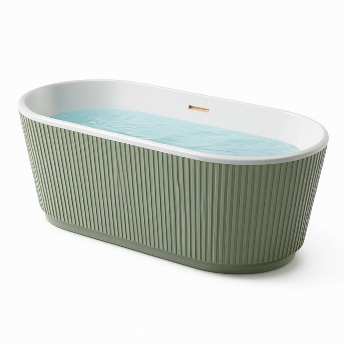 Freistehende ovale Acryl-Badewanne 170 × 80 × 58 cm, geriffelt, Grün-Weiß mit goldfarbenem Überlauf