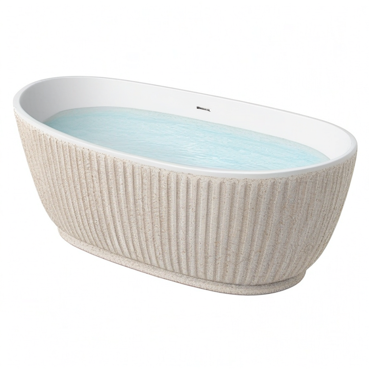 Freistehende Badewanne mit Rillenoptik und Überlauf, 170 × 80 × 60 cm, Weiß und Beige