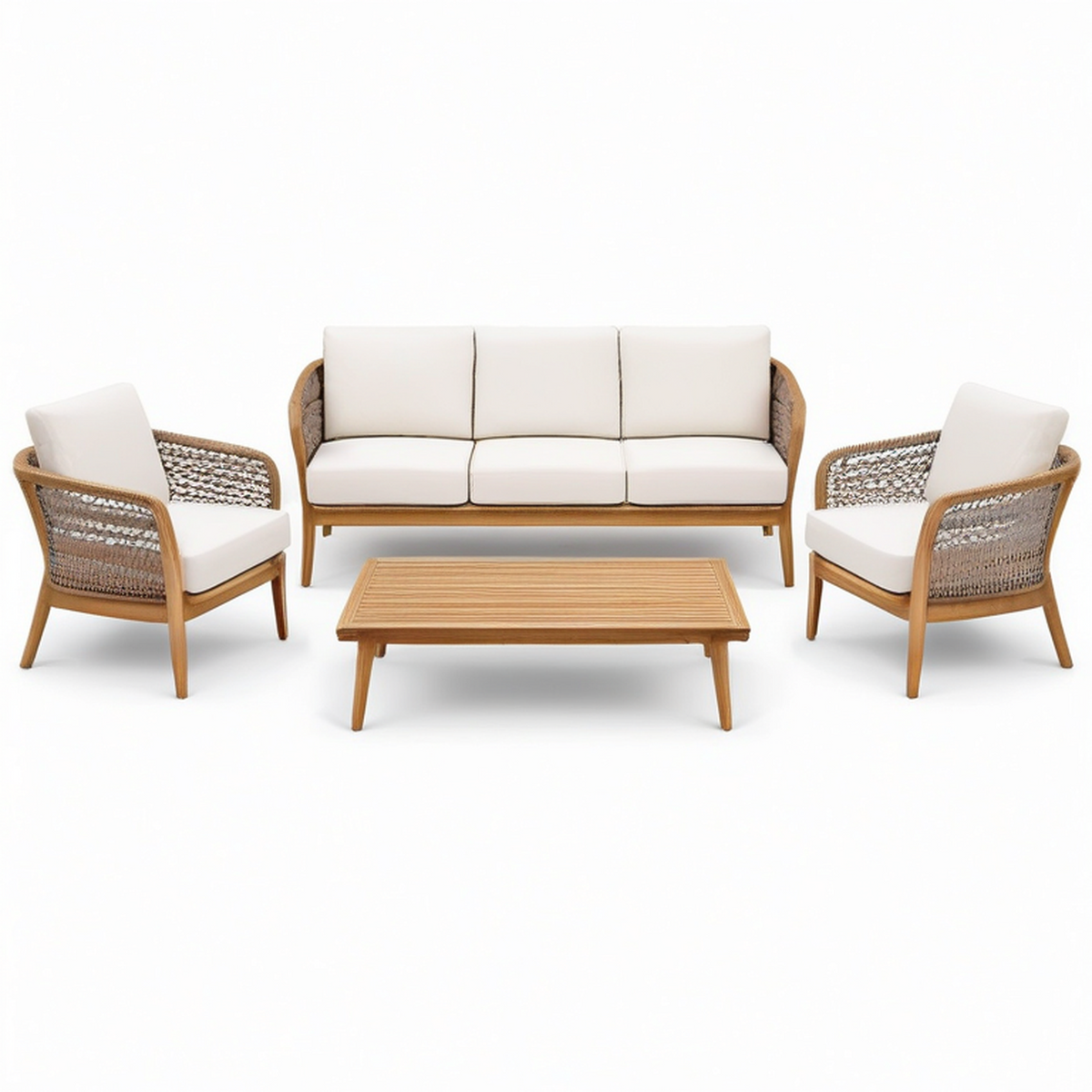 4-teilige Garten-Sitzgruppe, Dreisitzer 190 × 80 × 80 cm, 2 Sessel je 75 × 80 × 80 cm, Tisch 110 × 60 × 38 cm, Natur/Beige/Grau