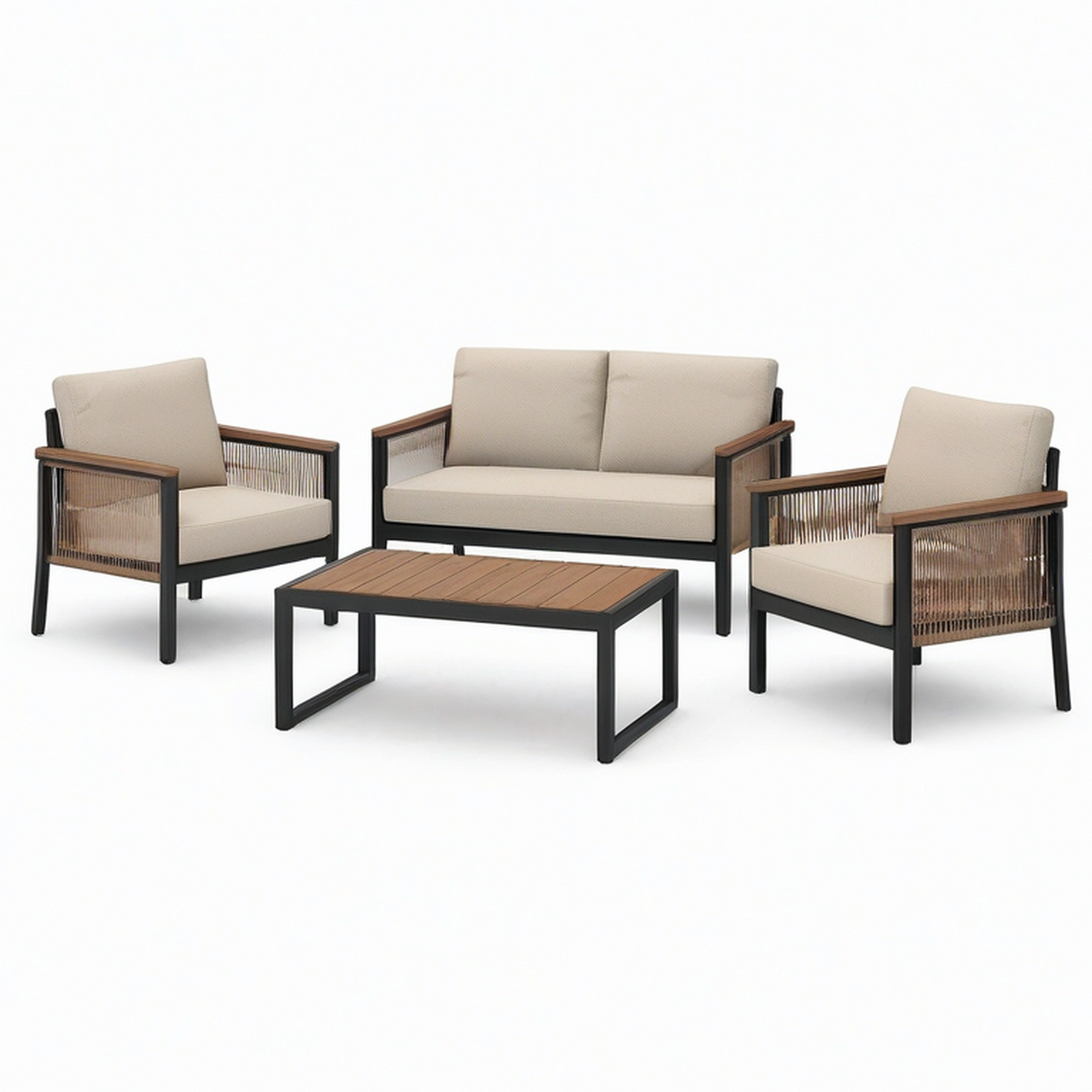 4-teiliges Gartenmöbel-Set mit Zweisitzer 124 × 72 × 78 cm, 2 Sesseln 67 × 72 × 78 cm und Tisch 90 × 55 × 38 cm – Beige, Braun und Schwarz
