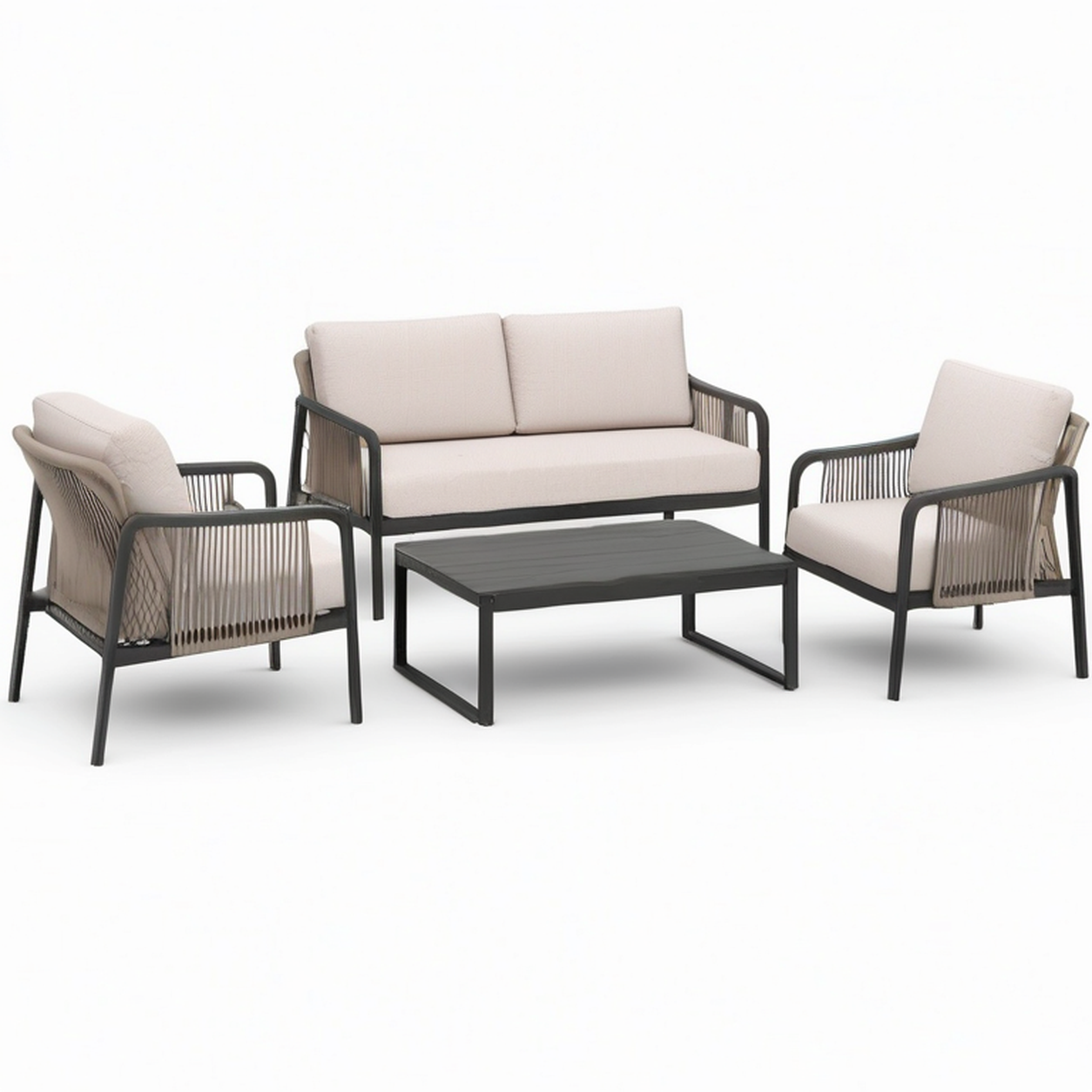 4-teilige Garten-Sitzgruppe mit Zweisitzer 132 × 74 × 78 cm, 2 Sesseln je 66 × 74 × 78 cm und Tisch 90 × 50 × 38 cm, Beige, Taupe und Anthrazit