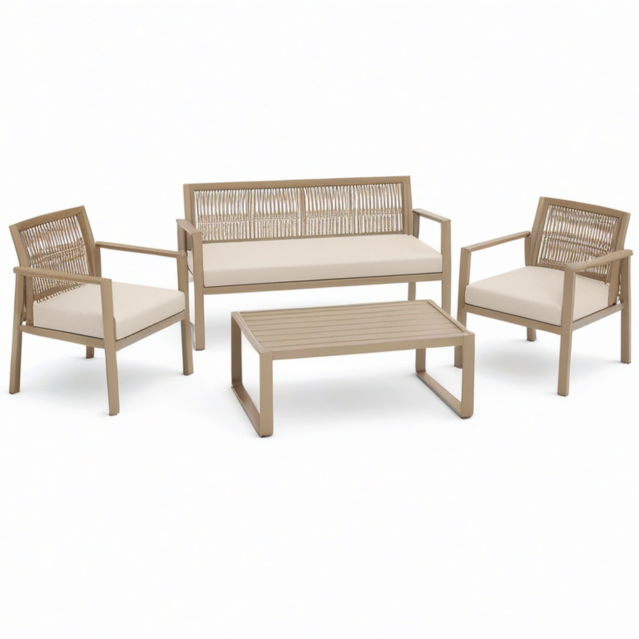 4-teilige Garten-Sitzgruppe aus Metall und Seilgeflecht, Taupe und Beige – Zweisitzer 130 × 72 × 77 cm, Sessel 69 × 72 × 77 cm, Tisch 100 × 55 × 39 cm