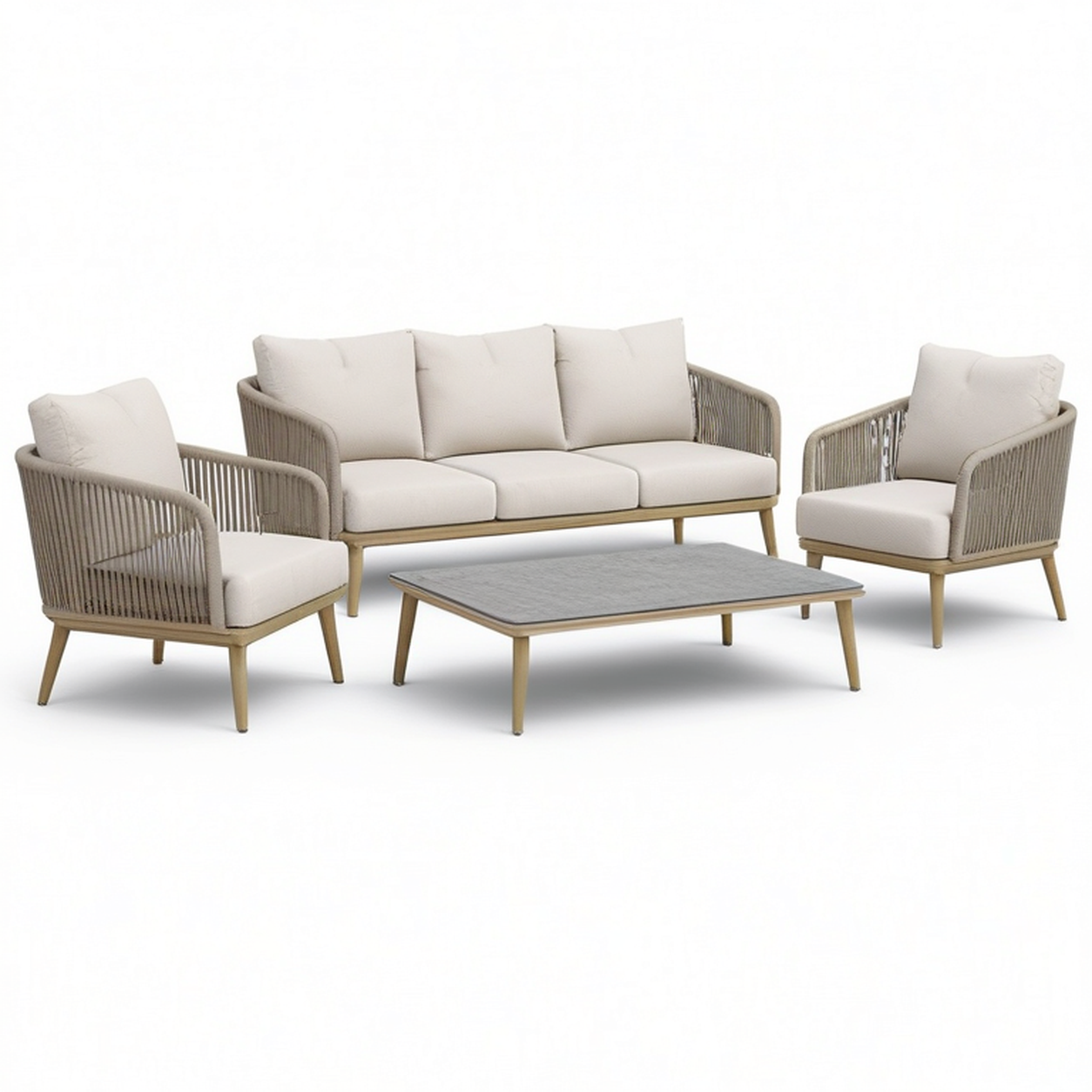 4-teilige Garten-Sitzgruppe mit 3-Sitzer 190 × 80 × 78 cm, 2 Sesseln 76 × 80 × 78 cm und Tisch 120 × 70 × 38 cm, Beige, Grau und Naturbraun