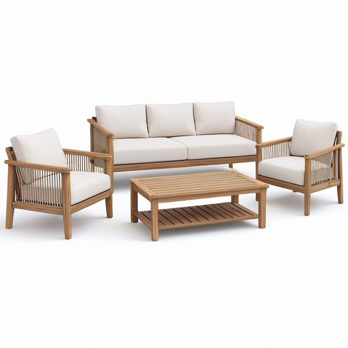 4-teiliges Gartenmöbel-Set Braun, Cremeweiß und Beige – Sofa 190 × 80 × 78 cm, 2 Sessel 75 × 80 × 78 cm, Tisch 110 × 60 × 45 cm