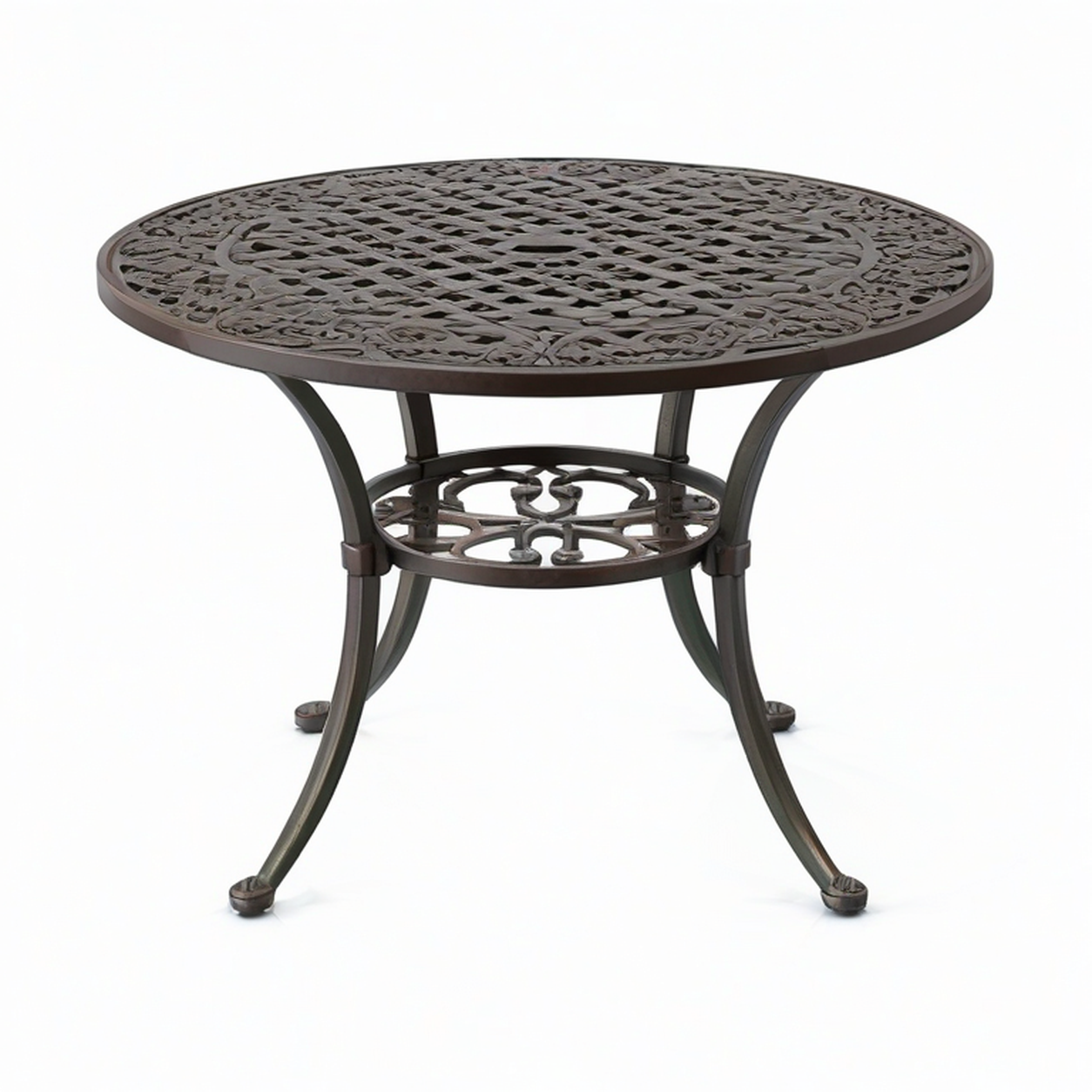 Runder Aluminiumgusstisch in Dunkelbraun, Ø 90 × H 73 cm, ornamentale Gitteroptik mit Schirmöffnung
