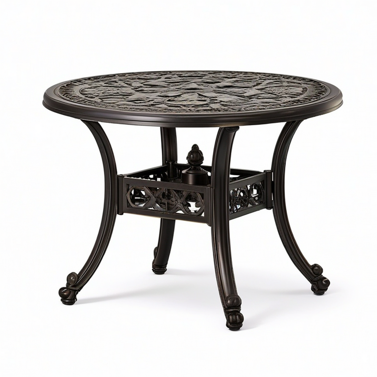 Runder Metalltisch im Antikstil, Dunkelbraun/Bronze, Ø 90 × H 74 cm, florales Ornamentmuster
