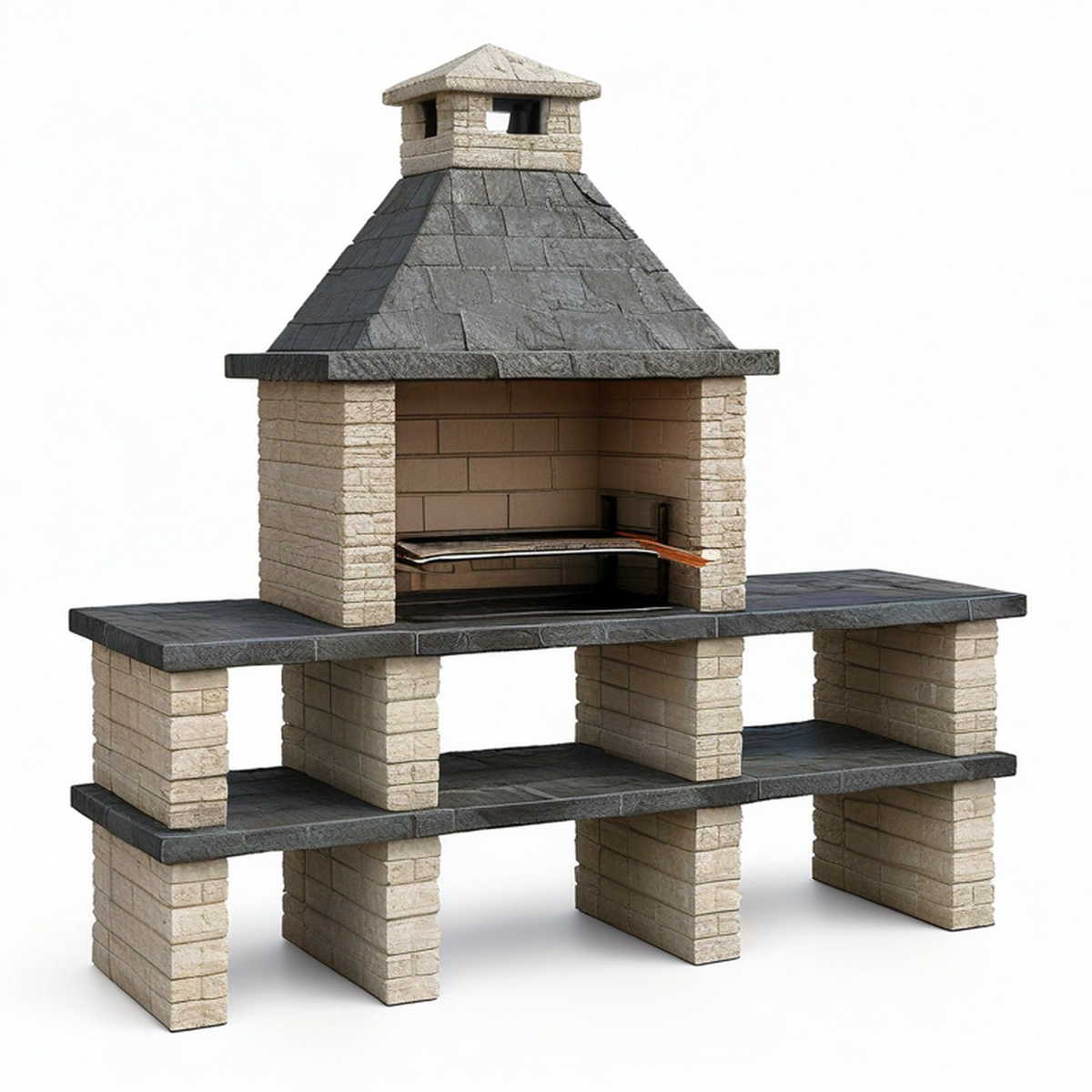 Grillkamin aus Betonwerkstein mit Rauchabzug und Ablageflächen, 180 × 60 × 220 cm, Beige/Anthrazit/Braun
