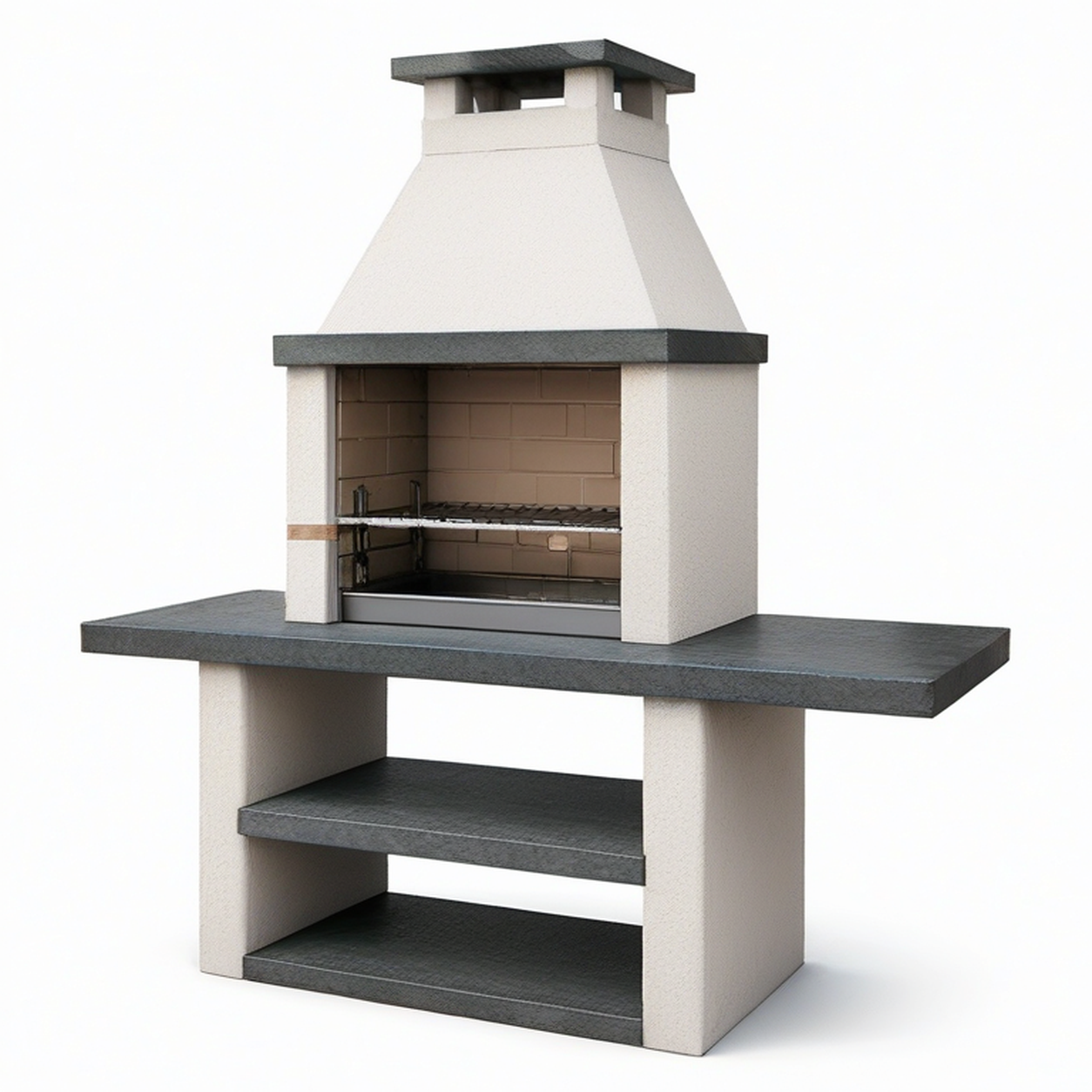 Gartengrill mit Grillkamin, Arbeitsfläche und Ablagen, 200 × 70 × 230 cm, Weiß/Grau/Braun
