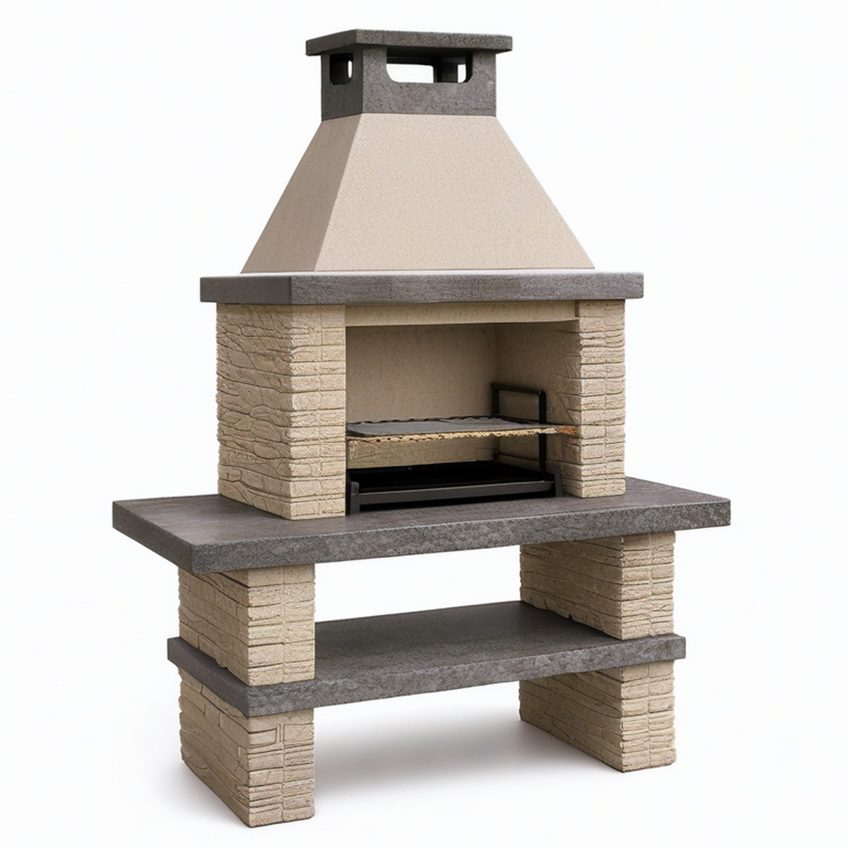 Gartengrill aus Betonwerkstein und Stahl mit Kaminhaube und Ablage, Beige/Anthrazit/Schwarz, 110 × 65 × 210 cm