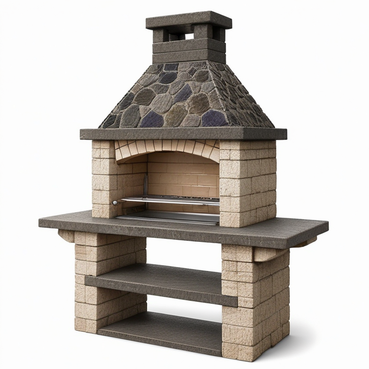 Gartengrill mit Kamin aus Betonstein und Metall, Grau/Beige/Dunkelgrau, 160 × 70 × 220 cm