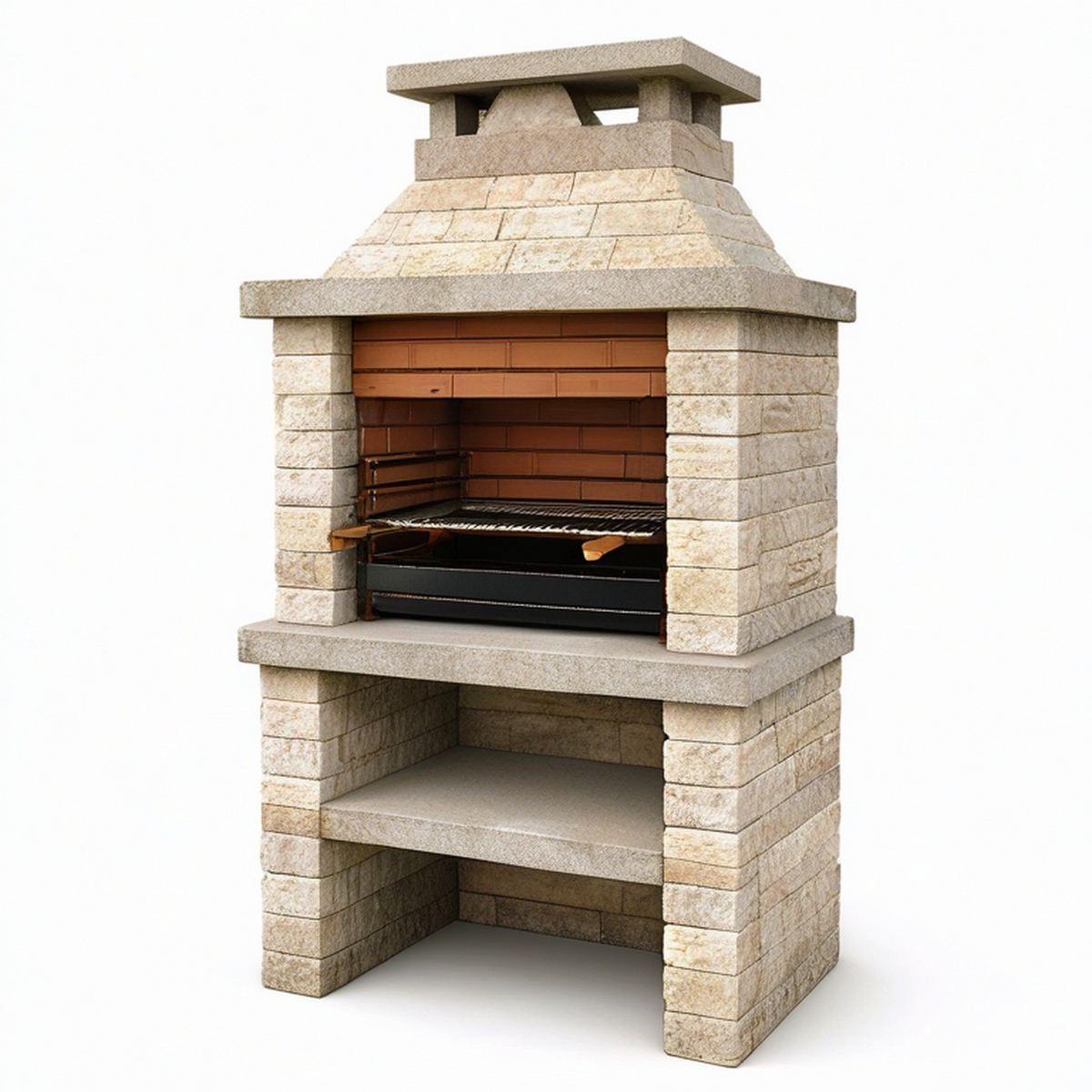 Grillkamin aus Stein und Stahl, 110 × 65 × 210 cm, Beige, Schwarz und Terrakotta, mit Grillrost und Ablagefach
