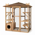 Katzengehege aus Holz und Metall mit Dach, Katzenhaus und mehreren Ebenen, 180 × 100 × 190 cm, Naturbraun, Dunkelbraun und Schwarz