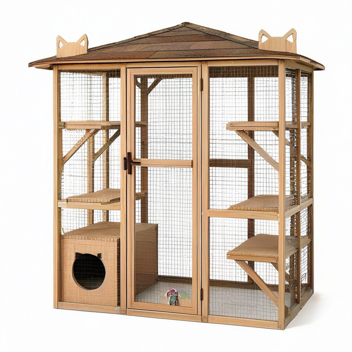 Katzengehege aus Holz und Metall mit Dach, Katzenhaus und mehreren Ebenen, 180 × 100 × 190 cm, Naturbraun, Dunkelbraun und Schwarz