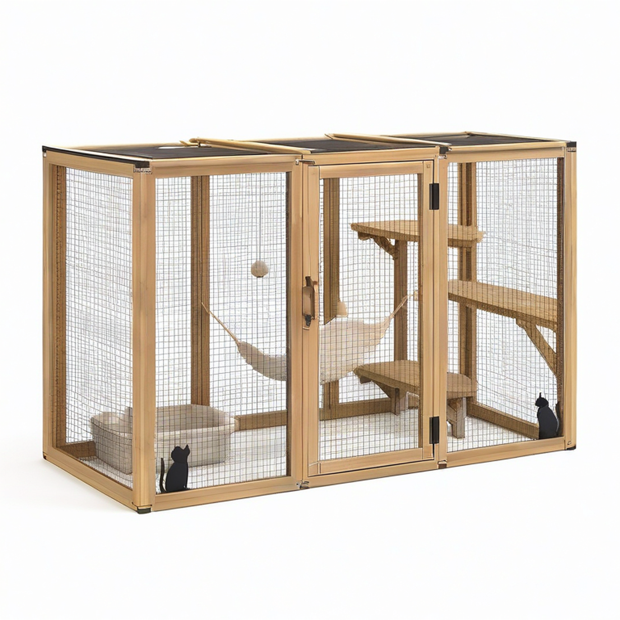 Katzengehege aus Holz für den Innenbereich, 180 × 80 × 120 cm, Natur, Schwarz und Beige, mit Plattformen und Hängematte