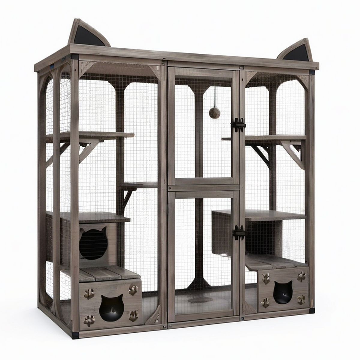 Begehbares Katzengehege aus Holz und Metalldraht mit Plattformen und Rückzugsboxen, Grau/Schwarz, 180 × 95 × 180 cm