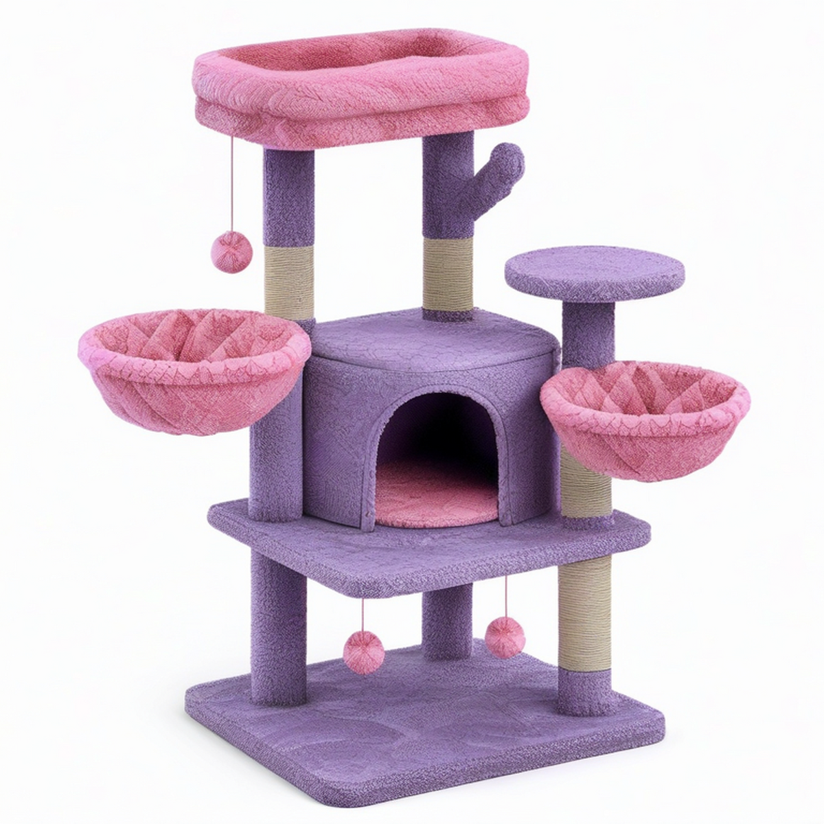 Katzenkratzbaum 80 × 60 × 150 cm aus Plüsch und Sisal in Rosa, Violett und Beige mit Katzenhöhle und Liegeflächen