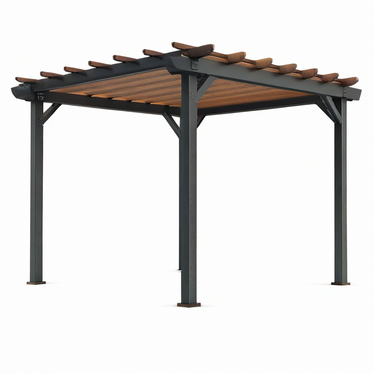 Pergola aus Metall und Holz, 300 × 300 × 250 cm, Schwarz und Braun, mit offenem Lamellendach für Garten und Terrasse