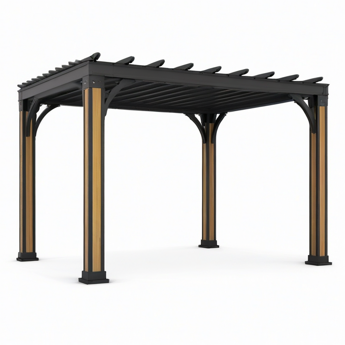 Aluminium-Pergola mit offenem Lamellendach, 400 × 300 × 250 cm, Schwarz und Holzbraun